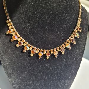 Signed WEISS Amber Aurora Borealis Choker Vintage MCM Topaz Rhinestone Necklace